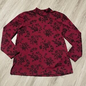 Vintage Romantic Burgundy & Velvet Floral Long Sleeve Mock Neck Shirt Size M